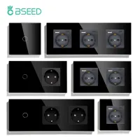 BSEED 1/2/3Gang Touch Switches 1Way Light Switch With EU Wall Sockets USB Type-c Power Outlets Glass Panel Black