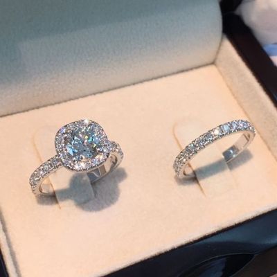 Luxury Exquisite Silver Color Princess Ring for Women Fashion Inlaid White Zircon Stones Wedding Rings Set Engagement Jewelry