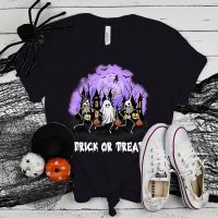 เสื้อยืดพิมพ์ลายโครงกระดูกฮาโลวีน Boo Trick or treat (เสื้อยืดพรีเมี่ยม) เสื้อยืดลำลองแขนสั้นสุดเท่สำหรับผู้หญิงใส่ในฤดูร้อน