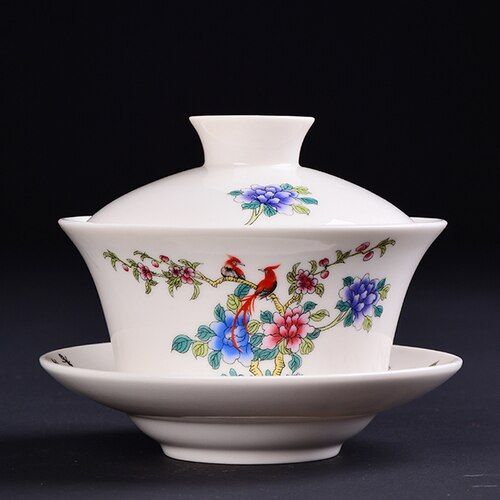 กาน้ำชาเครื่องเคลือบหยกดอกไม้เซรามิกทาสีสไตล์จีน300มล-กาอีแวนชุดน้ำชาน้ำชาถ้วยชาซานคาอิ