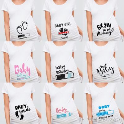 ❧❦● Camiseta para bebê em andamento carregamento do bebê maternidade manga curta camisa grávidas camiseta anúncio de gravidez nova roupa mamãe e