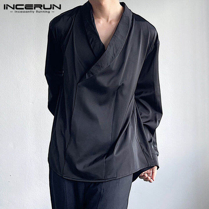 แขนยาวสำหรับผู้ชาย-incerun-เสื้อเรียบง่ายสบายๆเสื้อปก-สไตล์เกาหลี