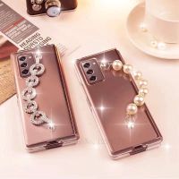 ✢☃๑ Girl Fashion Transparent Case For Samsung Galaxy Z FOLD 2 3 W21 5G Bling Crystal Pearl Diamond Bracelet Hand Chain Case Cover