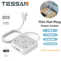 สายต่อขยายแบบแบน 10 ฟุต TESSAN Slim Power Strip ใต้พรมพร้อมชาร์จผนัง USB 3 ช่อง (พอร์ต USB C 1 ช่อง) 4 ช่องเสียบสถานีชาร์จเดสก์ท็อปบางเฉียบสำหรับเรือสำราญหอพักต้องมี