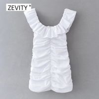 ZZOOI New women fashion ruffles slash neck white vestido pleated slim mini dress female chic back zipper brand party dresses DS4014