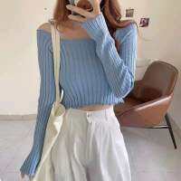 Best clothes(พร้อมส่ง/ใหม่รุ่น3648-1)เสื้อครอปไหมแขนยาวปาดไหล่ทรงรัดรูปน่ารักแฟชั่นเกาหลี