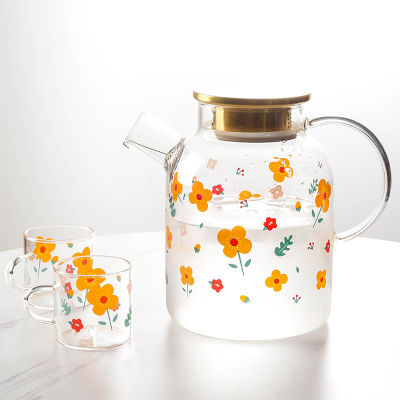 ชุดหม้อต้มน้ำเย็นหม้อน้ำเย็นแก้วศิลปะชาผลไม้ชาดอกไม้ถ้วยชงชาถ้วยชาความจุสูง TrayQianfun
