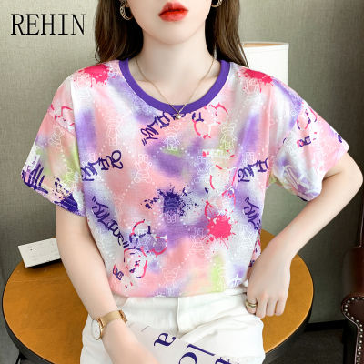 REHIN เสื้อยืดแขนสั้นพิมพ์ลายคอกลมสำหรับผู้หญิง,เสื้อยืดทรงหลวมดีไซน์หรูหราแฟชั่นสไตล์เกาหลีแบบใหม่ฤดูร้อน