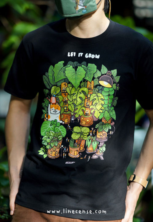 let-it-grow-black-t-shirt-เสื้อยืดคุณภาพสีดำ-ลายหมู่บ้านต้นไม้-plant-town-premium-cotton100-comp