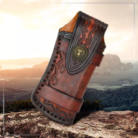 High Quality First Layer Leather Folding Pocket Knife Cover Carved Lion Buckle Scabbard Waist Belt Storage Case Pouch