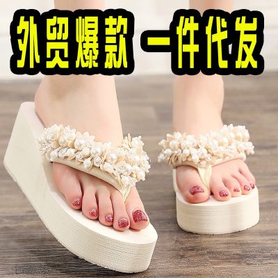 2023 foreign trade large size 35 to 42 beaded flip-flops female slippery slope cool slippers outside vacation seaside beach