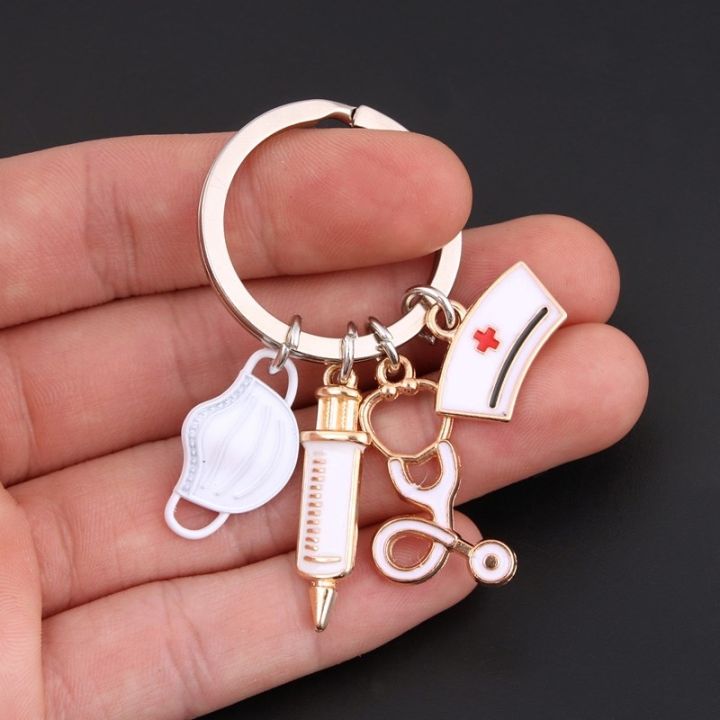 new-doctor-keychain-medical-tool-key-ring-injection-syringe-stethoscope-nurse-cap-key-chain-medico-gift-diy-jewelry-handmade