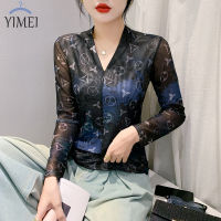 YIMEI เสื้อคอวีแขนยาวคอวีสำหรับผู้หญิง,เสื้อแขนยาวคอวีเรียบง่ายสำหรับผู้หญิงแฟชั่นสองชั้นฤดูใบไม้ร่วง