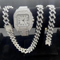 ✺☞﹊  3PCS Iced Out Watches for Men Gold 15mm Cuban Chains   Necklaces Jewelry Man Reloj