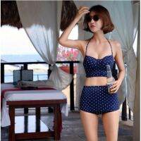 YAI ชุดว่ายน้ำทูพีช   2 ชิ้น bikini ทรงเอวสูง ลายจุดน้ำเงิน-ขาว Polka dot อินเทรนด์ สไตล์เกาห ชุดว่ายน้ำวันพีช  บิกินี่