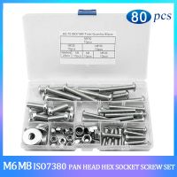 80pcs 304 Stainless Steel M6 M8 ISO7380 Pan Head Hexagon Socket Screw and Larged Flat Washer Lock Nut Assortment Kit Nails  Screws Fasteners