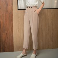 Mist of rain | Pencil Pants Tan สีน้ำตาลอ่อน (PRE ORDER) กางเกงขายาว กระดุม 3 เม็ด ผ้าโพลีเอสเตอร์ เรียบ ทิ้งตัว เนื้อผ้าทนทาน