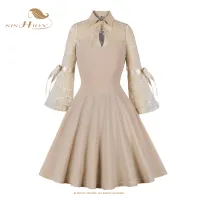 Sishion Flare แขน Tulle Patchwork ผู้หญิงฤดูร้อน VINTAGE Dress VD3754 apricot A line hollowed OUT PARTY เย็บปักถักร้อย dressess