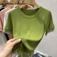 LAREINE เสื้อยืดถักสำหรับผู้หญิงเสื้อยืดแขนแขนสั้นคอกลมสีทึบเสื้อสีสันสดใสเข้ารูปพอดีสำหรับผู้หญิง