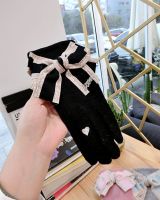 Letter Bow Cashmere Gloves Korean Fashion Winter Thick Warm Double Layer Female Ring Finger Touch Screen Gloves Female