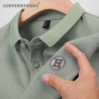 JUNPINMINGBO เสื้อโปโลผ้าฝ้ายลำลองยืดได้สำหรับผู้ชาย,เสื้อโปโลชายบางระบายอากาศได้ดีนุ่มประดับด้วยคุณภาพสูงปกติเสื้อโปโลแบบทางการทำงานในห้องทดลอง