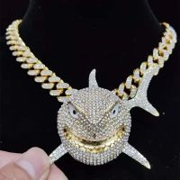 Men Women Hip hop Iced out Bling Big Size Shark Pendant Necklace 13mm crystal Cuban Chain Hiphop Necklaces fashion Charm jewelry