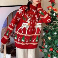 HOT★ผู้หญิงถักเสื้อกันหนาวเสื้อยืดแขนยาวฟิตเนสแขนยาว Vintage Red Christmas เสื้อกันหนาว Pullover Elk จัมเปอร์