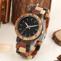 ZZOOI Mens Full Wood Watch Vintage Colorful Wooden Strap Safe Fold Buckle Watches for Male Quartz Black Dial Wristwatch Clock Gifts