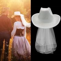 Bride Cowgirl Hat With Veil Novelty Cowboy Hat Summer Beach Straw Hat Cowgirl Hat With Long Veil Western Fancy Dress Accessory