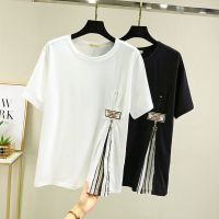 COD DSFDGDFFGHH Korean fat mm loose large womens short sleeved T-shirt womens stripe stit韩版胖mm宽松大码女装短袖t恤女条纹拼接洋气宽松减龄上衣