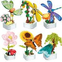 DIY Butterfly Insect Potted Plant Bonsai Flower Block Rose Decoration Mini Building Block Figure Plastic Toy Gift Kids Girls