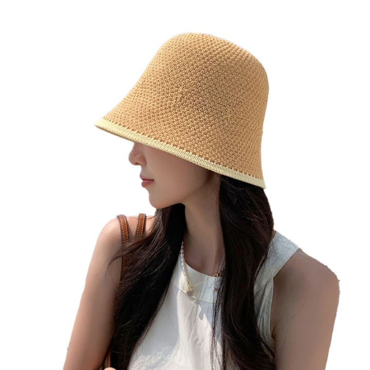 หมวกผู้หญิงฤดูร้อนระบายอากาศกลวงออกหมวกกันแดดใหม่ร้อยหมวกหมวกกันน็อกป้องกันรังสียูวีถักหมวกอ่าง-luas