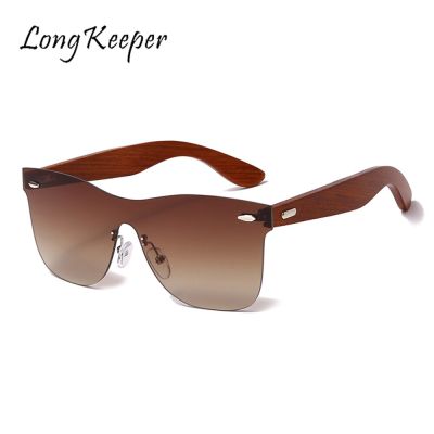 LongKeeper Rimless Sunglasses Men Women Luxury Retro Driving Sun Glasses Wood Eyeglasses Mirror One Piece Lens Shades UV400 Gafa