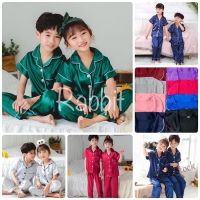 【Ready Stock】 ✿ C22 HIJAU HITAM Childrens exclusive satin Pajamas 8 Colors maroon navy Gray Green fanta Black pink