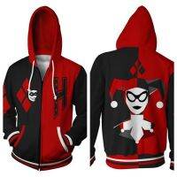 เสื้อสวมหัวแบบฮู๊ดคอสเพลย์ทีม Harley Quinn Suicide มีซิปรูดเสื้อโค้ตกันหนาวฮาโลวีนสำหรับผู้ชายและผู้หญิง