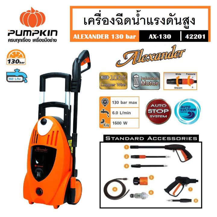 pumpkin-เครื่องฉีดน้ำแรงดันสูง-130-bar-1-600-วัตต์-ax-130-รหัส-42201-ฉีดล้าง-อัดฉีด-สายน้ำยาว-5-m-สายไฟยาว-5-m-เพื่อความสะดวกในการใช้งาน-ส่งจากไทยครับ