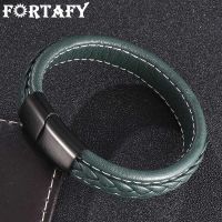 【ร้อน】 FORTAFY ผู้ชายอุปกรณ์เครื่องประดับสีเขียวถักหนังเชือกสร้อยข้อมือหัวเข็มขัดแม่เหล็กสร้อยข้อมือพังก์ชายหนังสายรัดข้อมือ FR0452