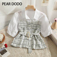 PEAR DODO เสื้อโปโลคอโปโลแผงเข็มขัดลายสก๊อตขนาดเล็กสไตล์เกาหลี