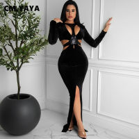 CM.YAYA Women Autumn Winter Velvet PU Patchwork Cut Out High Slit Long Sleeve Mermaid Maxi Dress