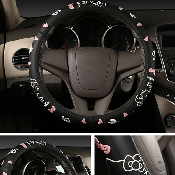 2021Fashion Cartoon Cute KT Cat Steering Wheel Cover Natural Rubber Healthy Universal 38cm For Women Girl Lady Car Accessories