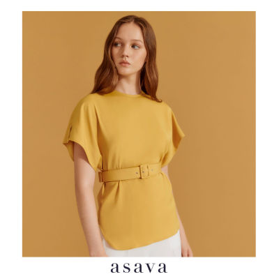 [asava ss23] Alisha Belt Blouse เสื้อผู้หญิง แขนสั้น แต่งแขนเสื้อ คอกลม แต่งคาดเข็มขัด ซิปหลัง