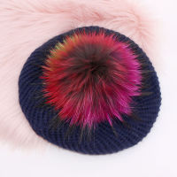 Women Wool Black Knit Beret Hats With Colorful Real Fur pompom New Casual Winter Fur Ball Beaneis Hats For Ladies Girls Gorros