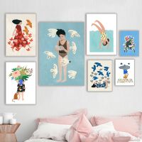 Flowers Pigeon Long Hair Girl Book Cat Sofa Swim Read Boho Abstract Art Wall Posters Canvas Prints Pictures Living Room Decor