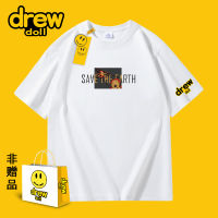 Drew Doll แบรนด์ร่วม2023รุ่นใหม่เสื้อยืดแขนสั้นคู่พิมพ์ลายการ์ตูนหน้ายิ้มสำหรับผู้ชายและผู้หญิง