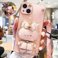 Y30 Y30i 3D Y50 VIVO 1935 VIVO VIVO 1938 Y91 Y93 Y95แฟชั่นการ์ตูนน่ารักแต่งหน้ากระต่ายเคสโทรศัพท์ปิดขอบตรงเหลี่ยมพร้อมขาตั้ง + สายคล้องนุ่มป้องกันการกระแทกฝาหลัง