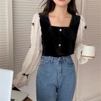 Alien Kitty Korea Square Collar Sweet Lace Women Tops Slim Patchwork Velvet Chic Femme Elegant Office Wear New Fashion Shirts