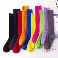 【hot sale】♕ D19 Womens Cotton Knee Socks Casual Solid Bright Colored Colorful Ribbed Athletic Sport Knee High Socks