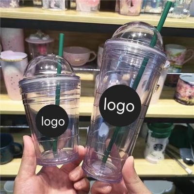 【High-end cups】 ใสสองชั้นที่มีโลโก้ถ้วยกาแฟพลาสติก16ออนซ์สะดวกถ้วยแบบพกพาฟางถ้วยน้ำผลไม้ถ้วยน้ำถ้วยของขวัญ