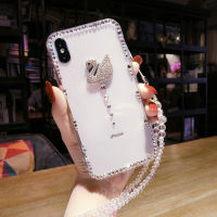 โบว์หงส์เพชรสุดหรูพร้อมเคสสำหรับ Apple iPhone โทรศัพท์นิ่มมีสายคล้อง14 13 12 11 X XR XS Mini Pro Max Plus เคสแฟชั่นที่มีสไตล์ฝาหลังจาก GGQcase