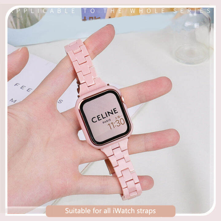 สายเรซิ่น-เคสสำหรับเข้ากันได้กับ-apple-watch-7-6-5-se-สายคล้องคอ-เคสแฟชั่นเอวเล็ก-pc-สีทึบสำหรับ-i-watch-band-45mm-41mm-สายเรซิ่นเทียม